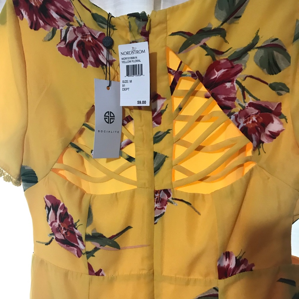 Yellow floral ruffle hem dress